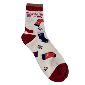 Karma holiday crew socks: He Sees You When You’re Drinking